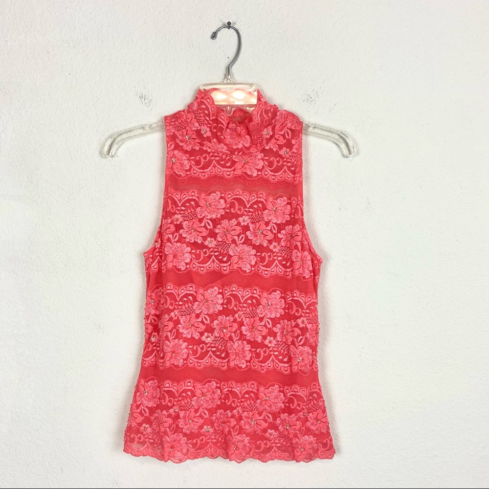 Cache Top NWT Coral Mock Neck Beaded Lace Halter